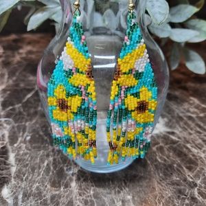 Beautiful Handmade "Yellow Flowers" Fringe Beaded Earrings